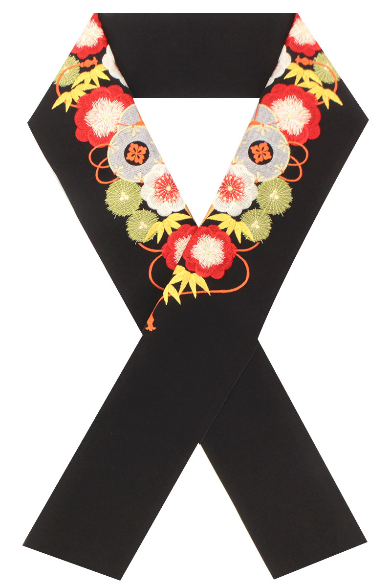 半襟 刺繍 振袖 成人式 半衿 卒業式 袴用 黒 ブラック 橘 梅 花 色紙 縮緬 ちりめん 結婚式 フォーマル 和装小物 女性 レディース 日本製 送料無料 Kisste（キステ） 半襟 半衿 刺繍 振袖 成人式 白 赤 桃 紫 黒 金