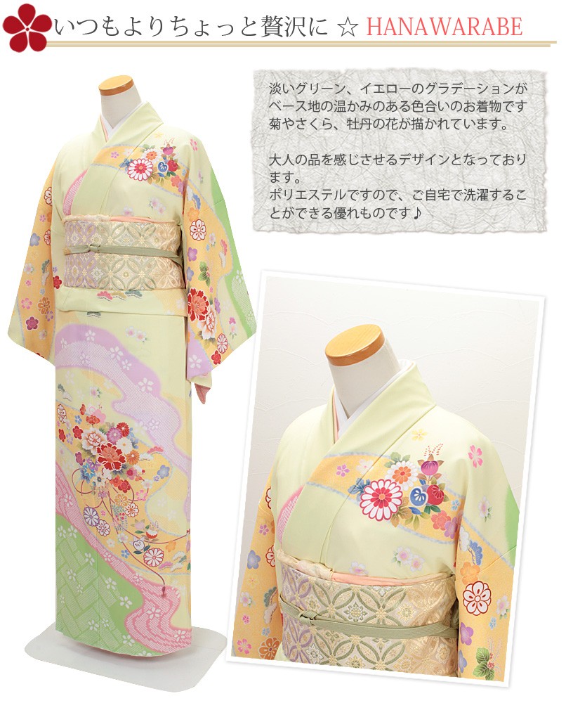 Kisste（キステ） 着物 訪問着 袷 淡緑 菊 牡丹 L フリーサイズ SALE