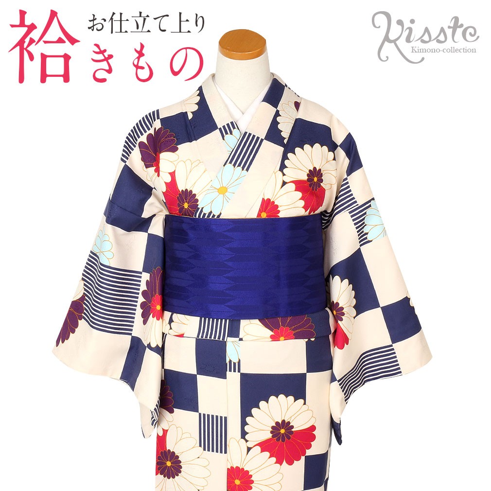 Kisste 着物 小紋 袷 生成り 紺 市松 菊 M L レディース 女性
