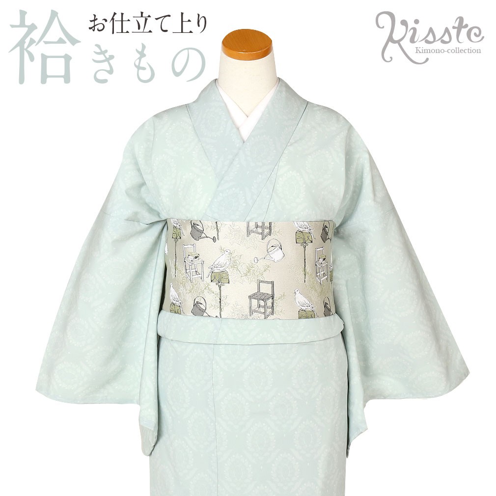 着物 小紋 袷 ブルーグリーン オリエンタル更紗 L フリーサイズ 東レ シルクデュエット