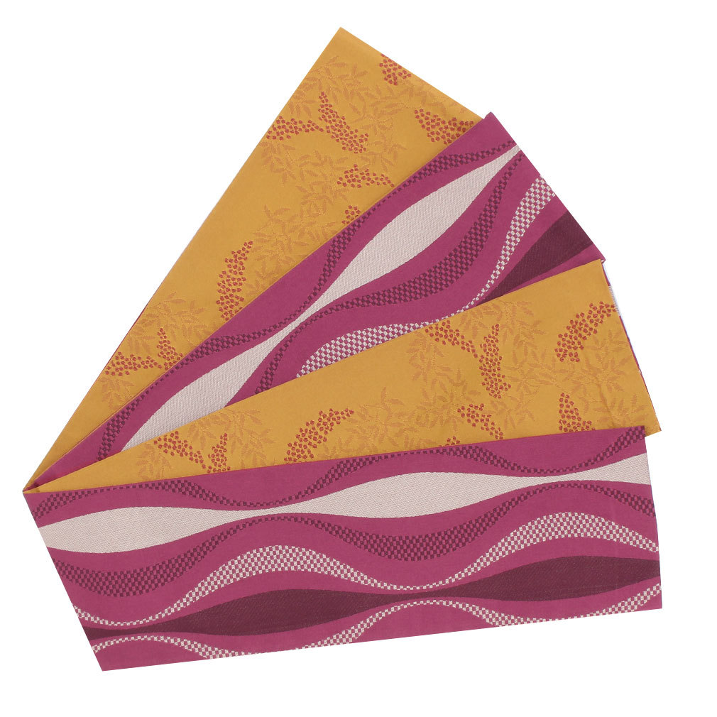 半幅帯 リバーシブル 赤紫 辛子 紺 金 全2色 幾何学 日本製 小紋 紬 