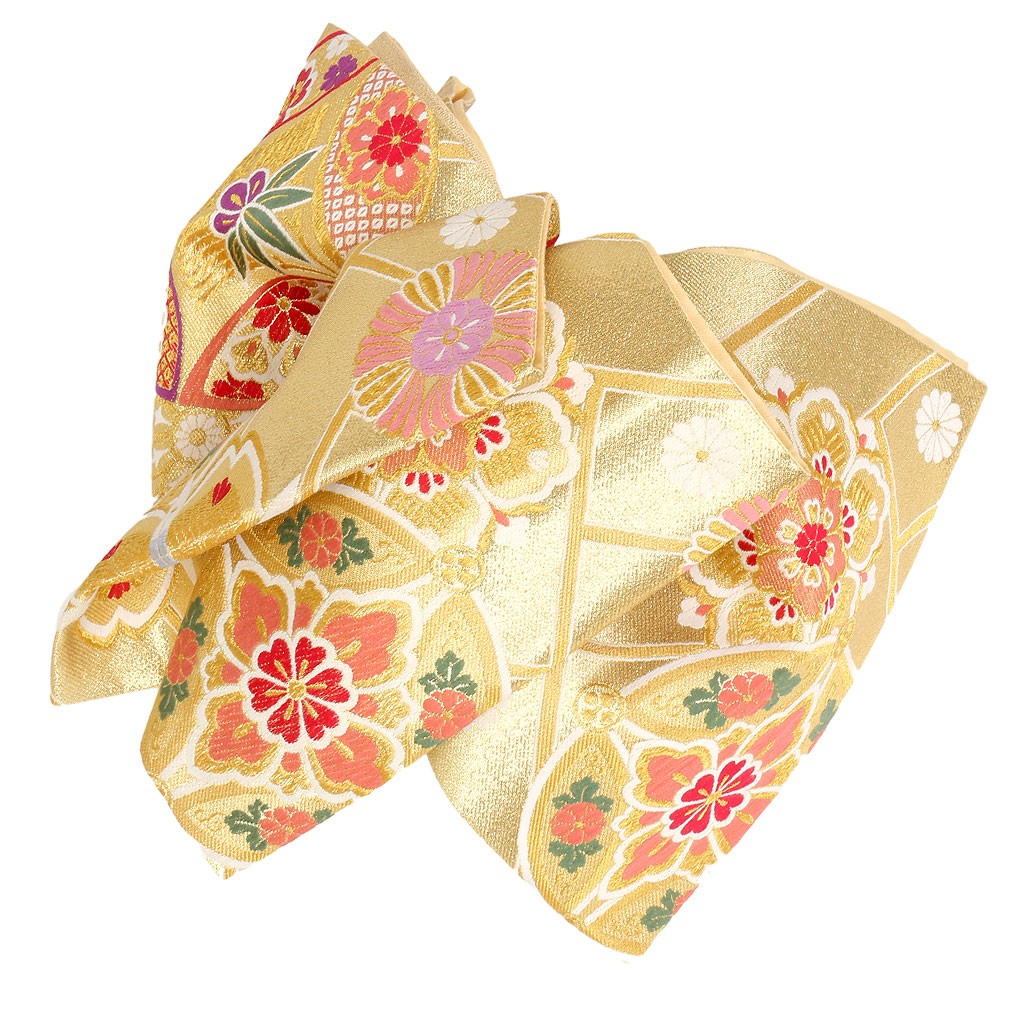 振袖用袋帯リバーシブル袋帯 ピンク ゴールド 花柄 銀通し 刺繍 金彩 2点セット 振袖 袋帯 花柄 トールサイズ 正絹