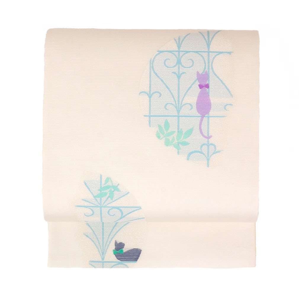 【洒落袋帯】夏帯　紗　オフホワイト　萩の丸　付け下げ◎ 美品　薄物　盛夏　K 夏用 紗袋帯 萩の葉・花模様 正絹 新古品 No 3706348-200523-3