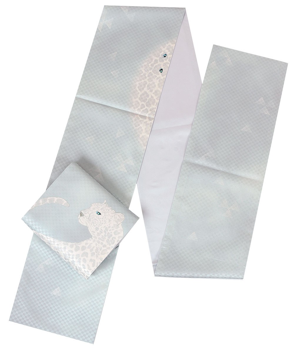 京袋帯 正絹 帯 淡水色 水色 クリーム 灰 仕立て上がり 色無地 小紋 紬