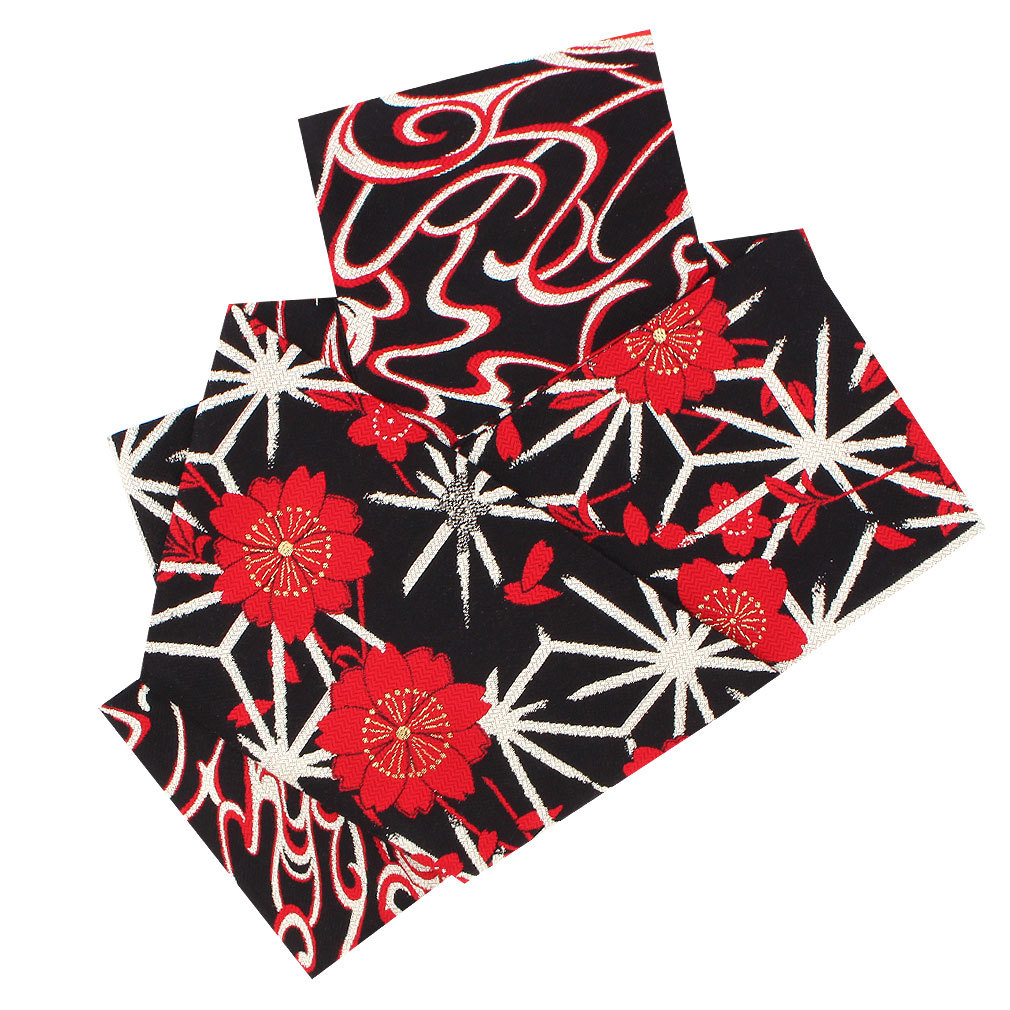 半幅帯 正絹 リバーシブル 黒 赤 白 麻の葉 波 西陣織 小紋 紬 浴衣