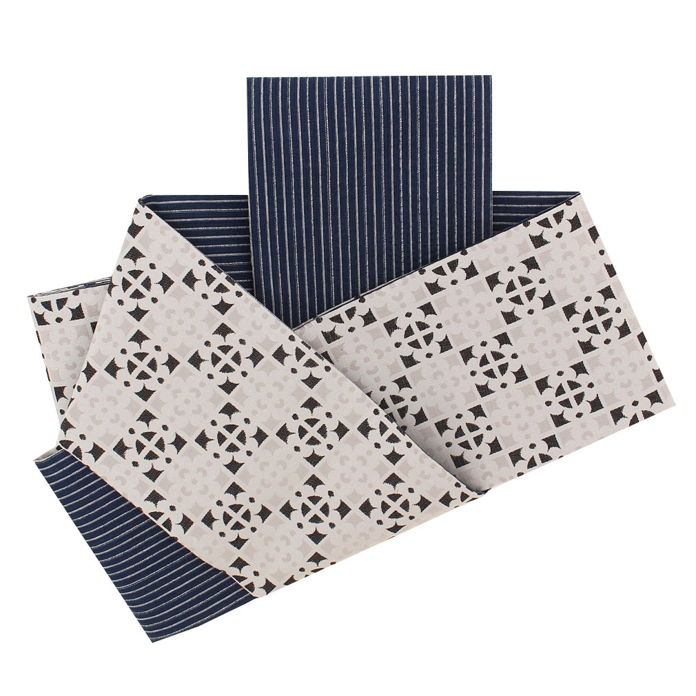 Kisste（キステ） 半幅帯 絹 リバーシブル 薄グレー 紺 西陣織 花市松