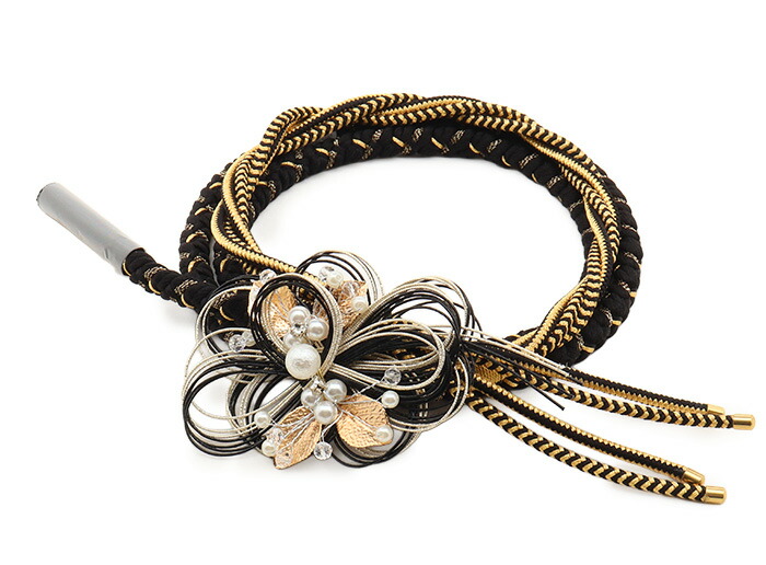 帯締め 成人式 振袖用 成人用 黒 白 赤 ゴールド シルバー モノトーン 水引 パール フラワー 正絹 シルク 日本製 | Kisste | 03