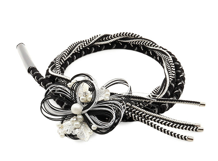 帯締め 成人式 振袖用 成人用 黒 白 赤 ゴールド シルバー モノトーン 水引 パール フラワー 正絹 シルク 日本製 | Kisste | 05