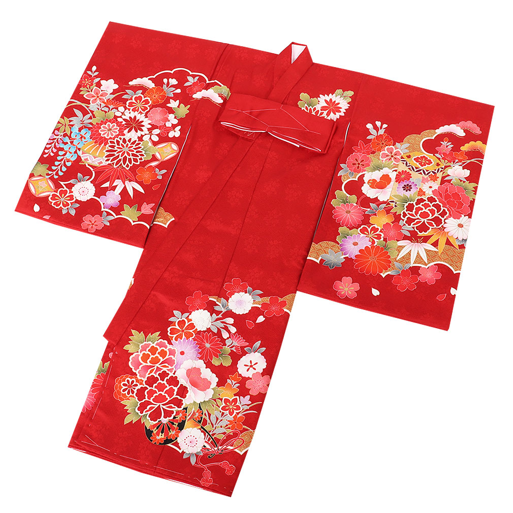 赤く鮮やかな花柄 お着物セット 七五三 初節句 お宮参り Kisste（キステ） お宮参り 着物 女の子 服装 赤ちゃん 産着 掛け着