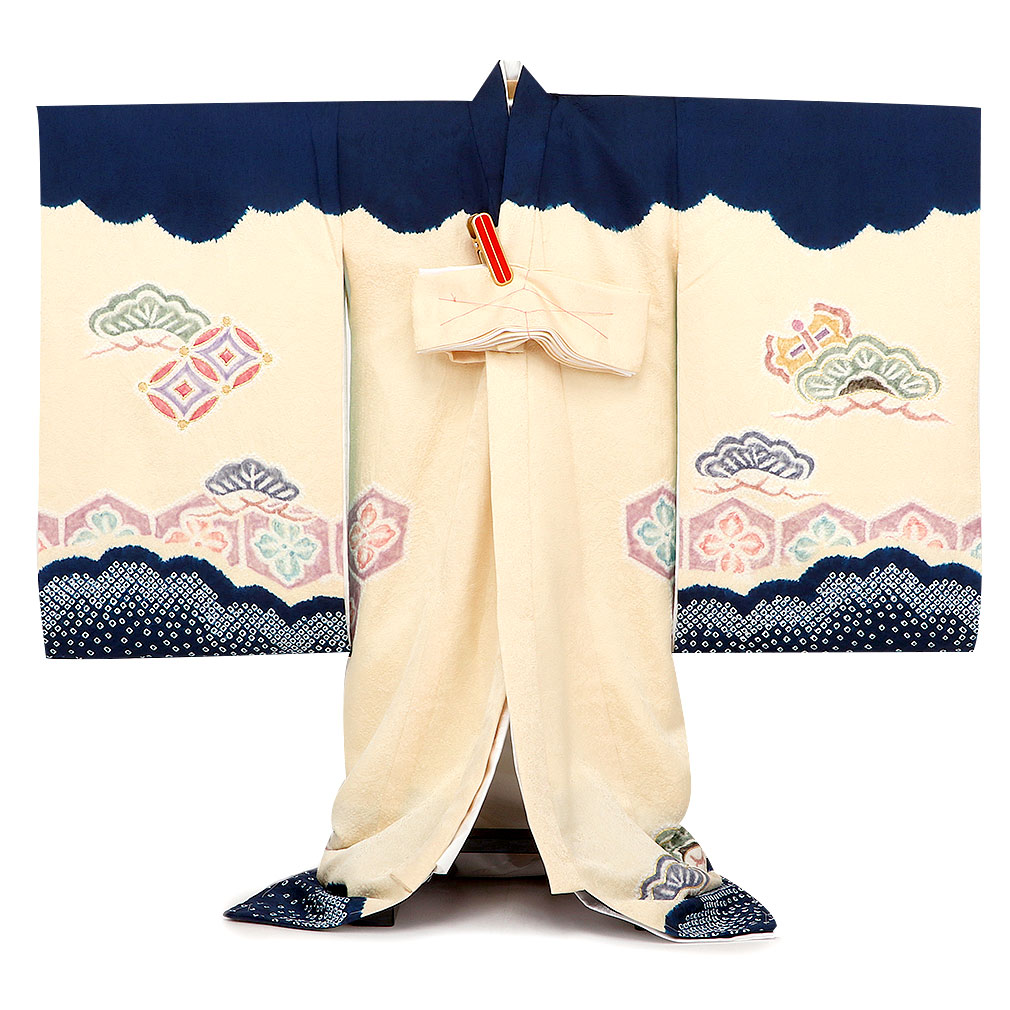 Kisste お宮参り 着物 男の子 産着 濃紺 クリーム 兜 宝尽くし松