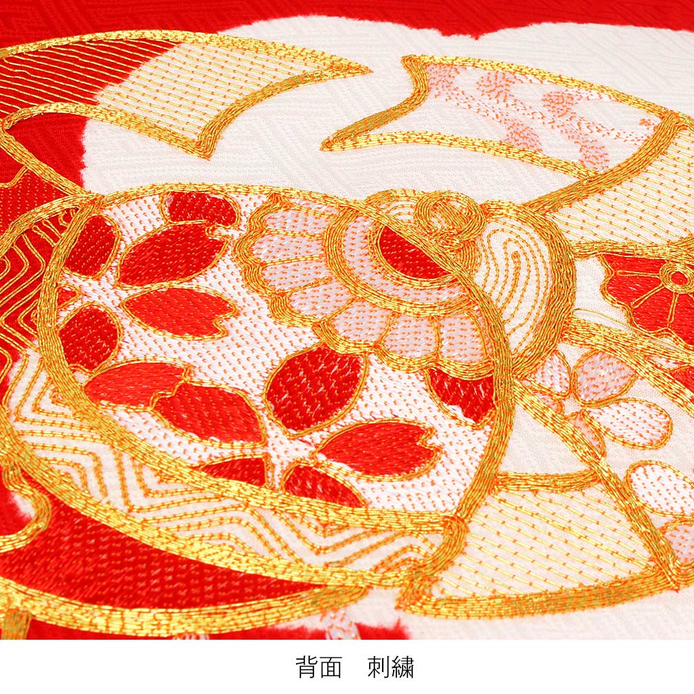 お宮参り 着物  女の子 産着 赤 深紅 レッド 鞠 束ね熨斗 桜 金駒刺繍 金刺繍 正絹 祝い着 のしめ 掛け着 初着