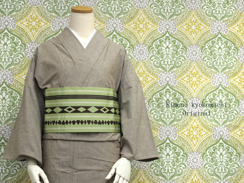 木綿着物半幅帯3点セット Mサイズ 茶色無地緑地トランプ献上柄洗える