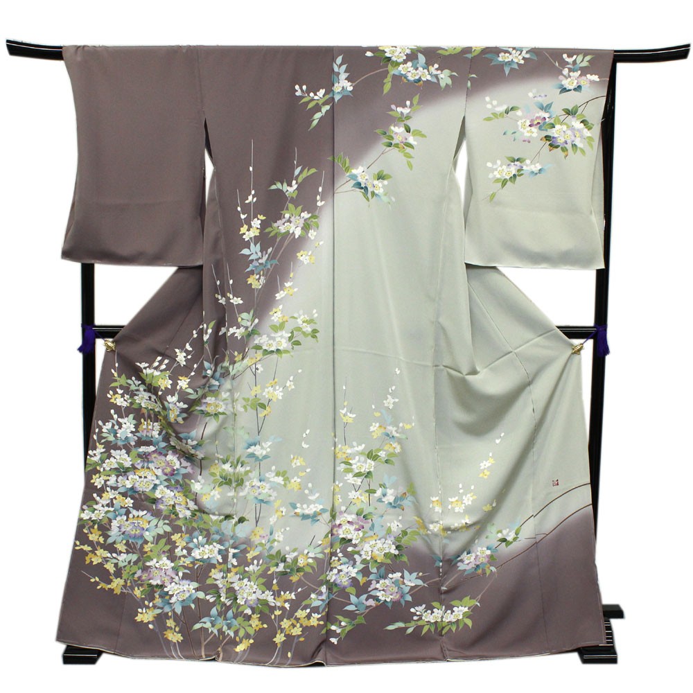 新品　美品　袷　正絹　友禅　絵羽訪問着　フルセット　薄桜　身丈167 裄丈69 正絹訪問着 未仕立て 仮絵羽 渋紫・薄抹茶染分け地枝桜模様 : 京都