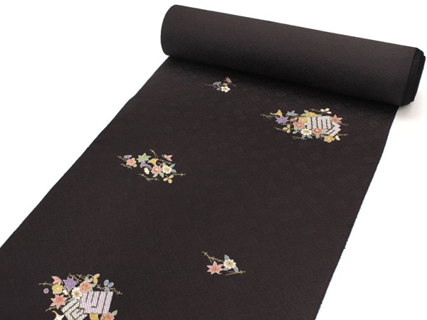 正絹小紋 着物反物 丹後ちりめん 濃茶地秋草と源氏香柄 お仕立て付
