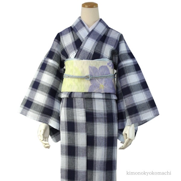 洗える 着物 夏 単品 フリーサイズ 綿麻 琵琶上布 紺 水色地格子