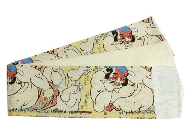 半幅帯 長尺 イエロークリーム地 歌川国芳 朝比奈小人嶋遊 西陣織 酒井