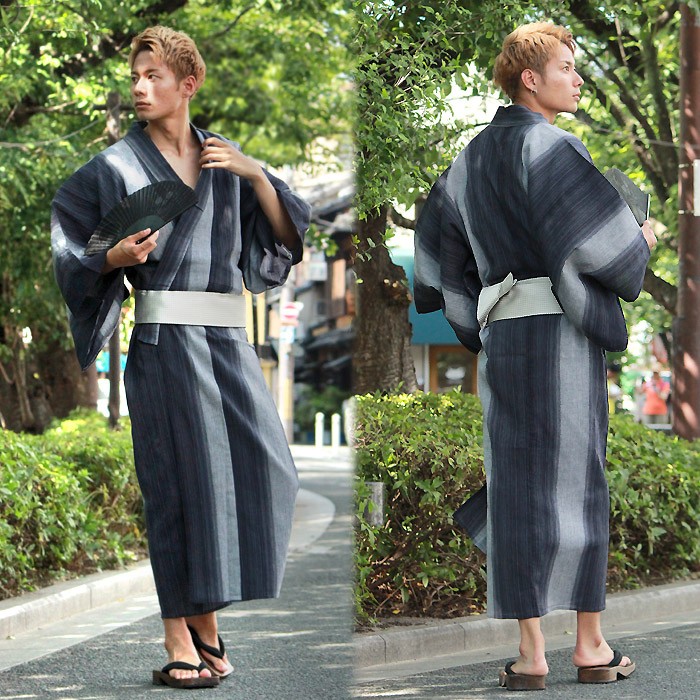 浴衣 メンズ 単品 M L LLサイズ 近江ちぢみ ネイビー グレー 縞
