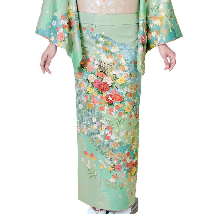 H.L（アッシュ・エル） 訪問着 単品 薄グリーン地 雪輪に御所車柄