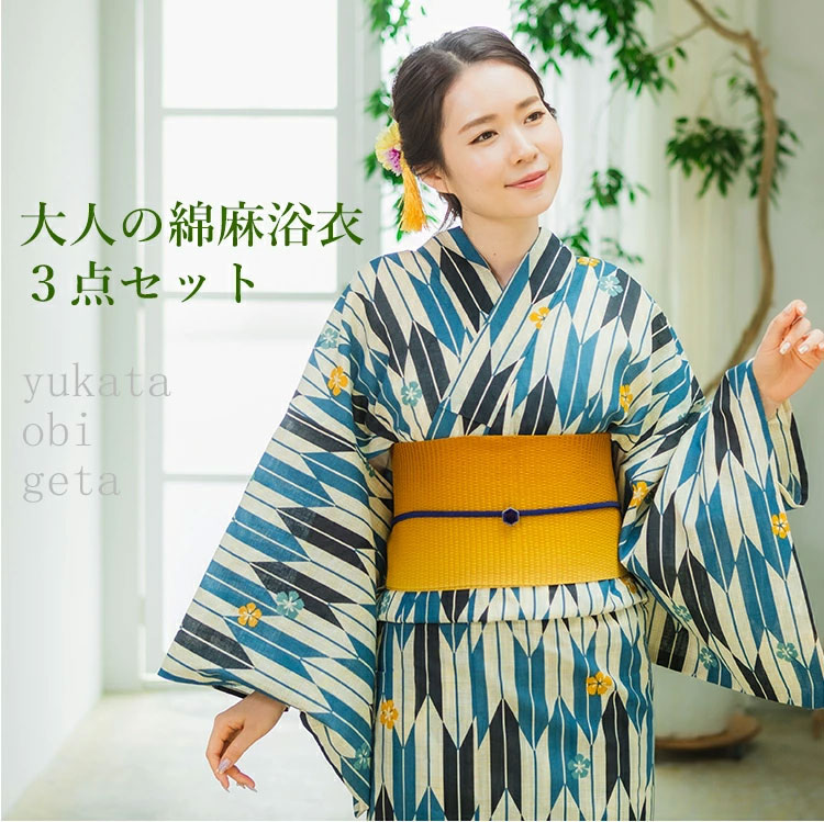 SY-105 浴衣 綿 撫子 華 市松地紋 薄い黒地 20038048p01.jpg