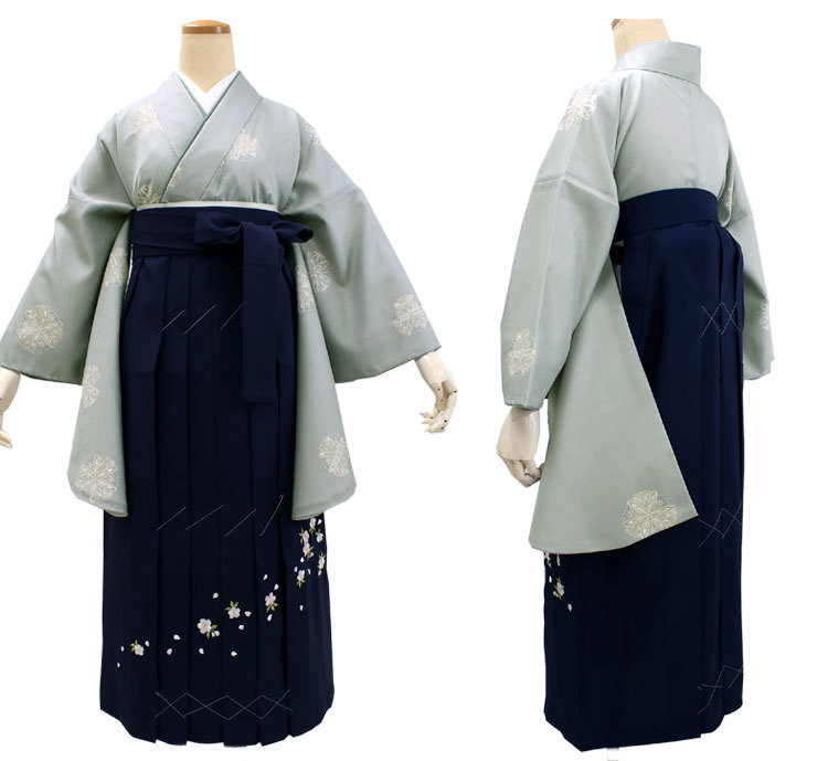 袴セット 灰地華文柄着物 紺地桜刺繍 袴 卒業式 二尺袖 女の子