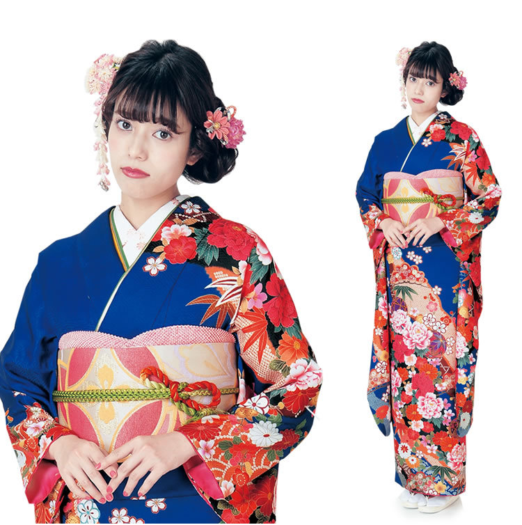 H.L（アッシュ・エル） 振袖3点セット 紺地手毬と芍薬 吉祥紋様 振袖