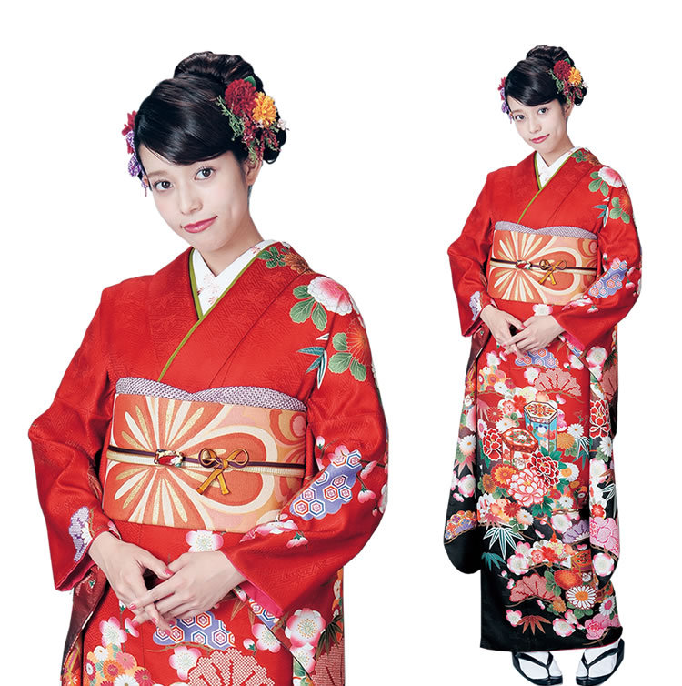 H.L（アッシュ・エル） 振袖3点セット 赤・黒染分け地貝桶に松竹吉祥華