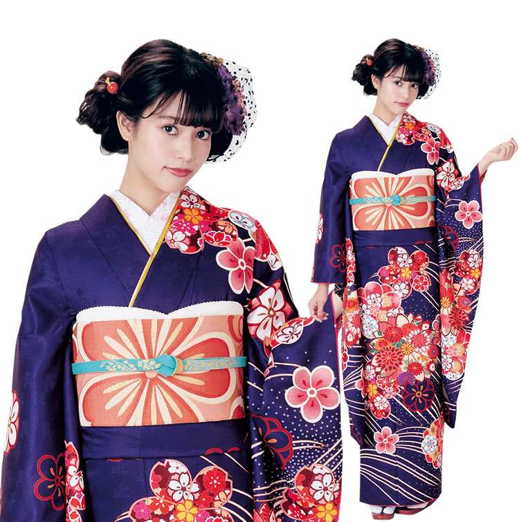 ＊振袖(中振袖) ＊袋帯 ＊長襦袢 3点 セット H.L 振袖3点セット 渋濃ピンク紫地熨斗に吉祥華紋 振袖 袋帯
