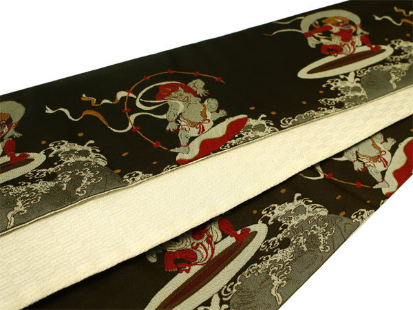 半幅帯 単品 焦げ茶色 風神雷神 リバーシブル 着物 帯 カジュアル