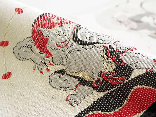 A83 半幅帯 浴衣帯 白 風神雷神×獅子 綿100%