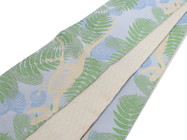 半幅帯 単品 水色 恐竜 化石 リバーシブル 着物 帯 カジュアル