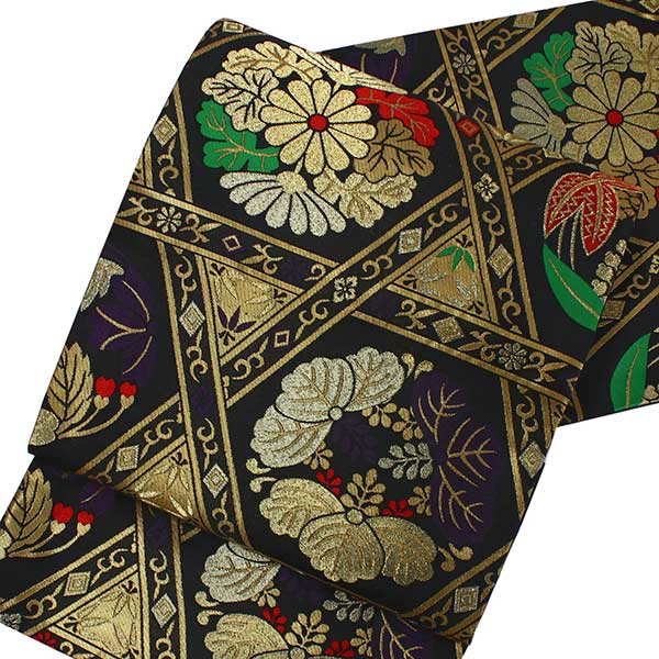 袋帯 礼装 黒 金 赤 緑 紫 六角形 三角 単品 新品 振袖
