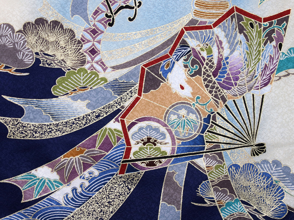 お宮参り 産着 男の子 紺 兜 扇 束ね熨斗 着物 長襦袢 セット 古典