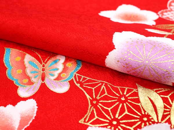 七五三 着物 7歳 赤 桜 四つ身 女の子 ピンク 蝶 熨斗 古典 長襦袢