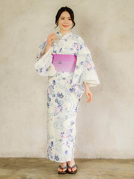 浴衣 単品 レディース オフホワイト地 水色 桜 流水 単品 フリーサイズ 大人 ゆかた yukata 綿 粋 レトロ モダン 和装 和服 女性 夏祭り 花火大会｜kimono-kyoukomati｜02