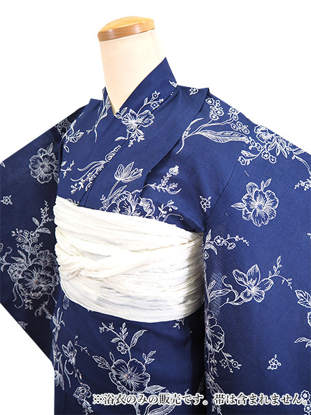 ★びんごやＮｏ２０４４★新品★こども浴衣　子供用ゆかた（１５０ｃｍ）紺地に花柄★ 浴衣 子供 女の子 子供浴衣セット（浴衣＋帯） 浴衣2点セット 全