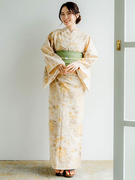 浴衣 単品 レディース ベージュ色地 ブラウン 花の丸 牡丹 なでしこ 菊