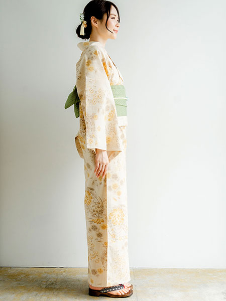 浴衣 単品 レディース ベージュ色地 ブラウン 花の丸 牡丹 なでしこ 菊
