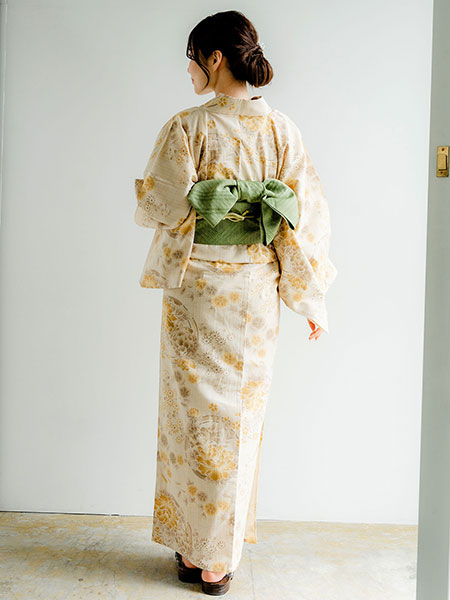 浴衣 単品 レディース ベージュ色地 ブラウン 花の丸 牡丹 なでしこ 菊