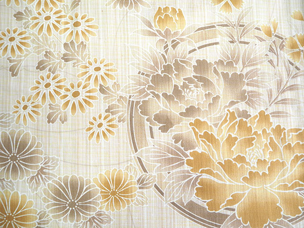 浴衣 単品 レディース ベージュ色地 ブラウン 花の丸 牡丹 なでしこ 菊