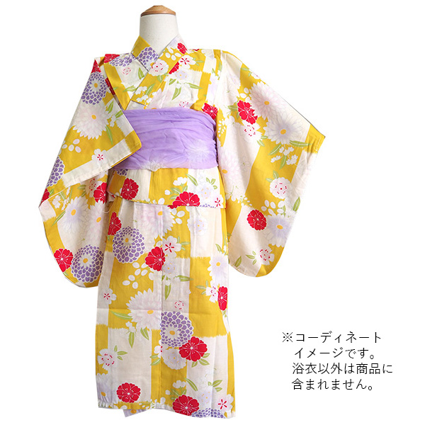 子ども 浴衣 単品 女の子 100cm からし色 白 市松格子 菊 桜 撫子 3歳 4歳 キッズ 女児 子供 夏 夏休み 綿 レトロ 古典 ゆかた ジュニア ガールズ | ブランド登録なし | 04
