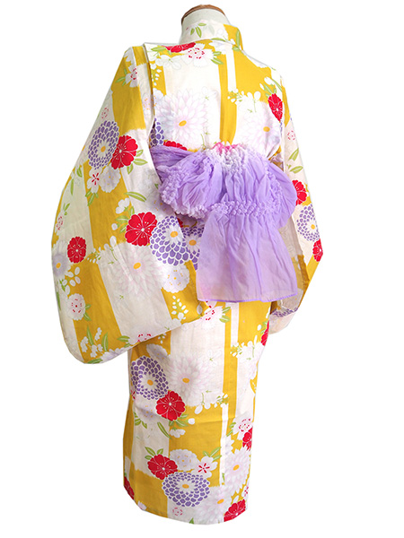 子ども 浴衣 単品 女の子 100cm からし色 白 市松格子 菊 桜 撫子 3歳 4歳 キッズ 女児 子供 夏 夏休み 綿 レトロ 古典 ゆかた ジュニア ガールズ | ブランド登録なし | 05