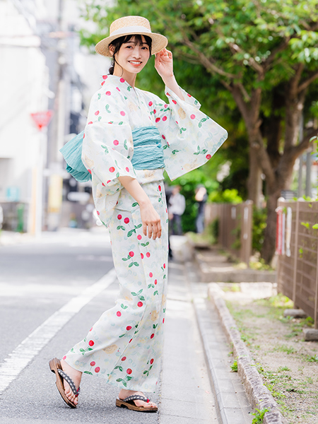 浴衣 単品 レディース フリーサイズ 薄グリーン地 薄ピンク紫地 さくらんぼ 小鳥 みすゞうた 金子みすゞ 綿絽 花火大会 夏祭り レトロ モダン 女性の画像