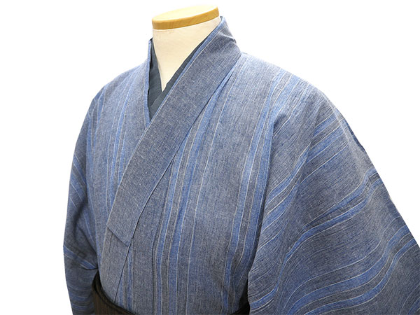 着物 夏着物 綿麻 琵琶上布 Lサイズ 洗える グレー ブルー 縞