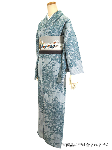 新品　夏着物 浴衣 洗える着物 TORAY（東レ） 洗える着物 夏 浴衣 L 深緑 ストライプ 菊 萩 東レセオ