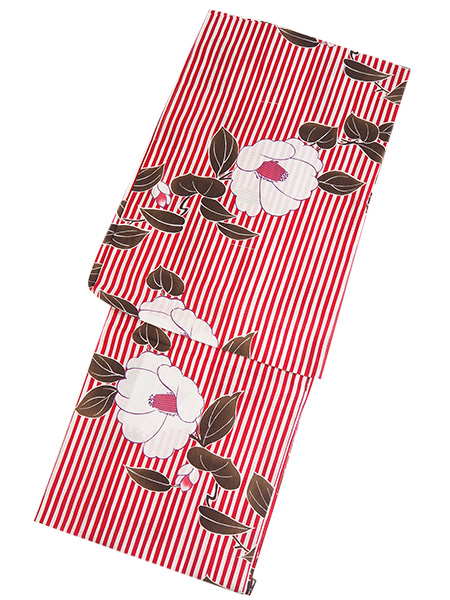 浴衣 単品 レディース 白地 赤 縞 椿 ストライプ Sサイズ 大人 ゆかた