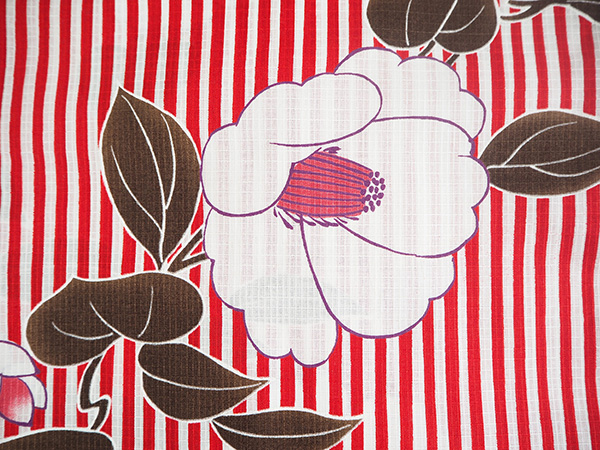 浴衣 単品 レディース 白地 赤 縞 椿 ストライプ Sサイズ 大人 ゆかた