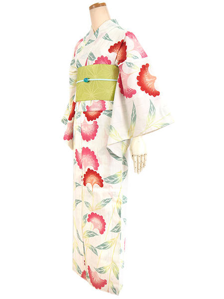 浴衣 単品 レディース オフホワイト地 女郎花 おみなえし 花 白
