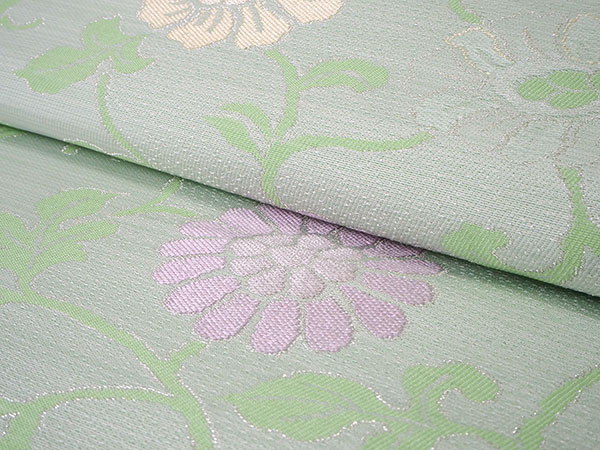名古屋帯 正絹 新品 未仕立て 反物 カジュアル 淡いグリーン 菊