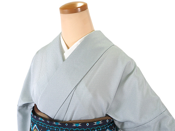 シルック 着物 単衣 江戸小紋 Mサイズ Lサイズ ブルーグリーン 角通し