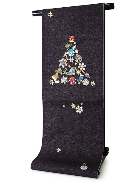 名古屋帯 絹 新品 仕立て上がり カジュアル 焦げ茶 クリスマスツリー  